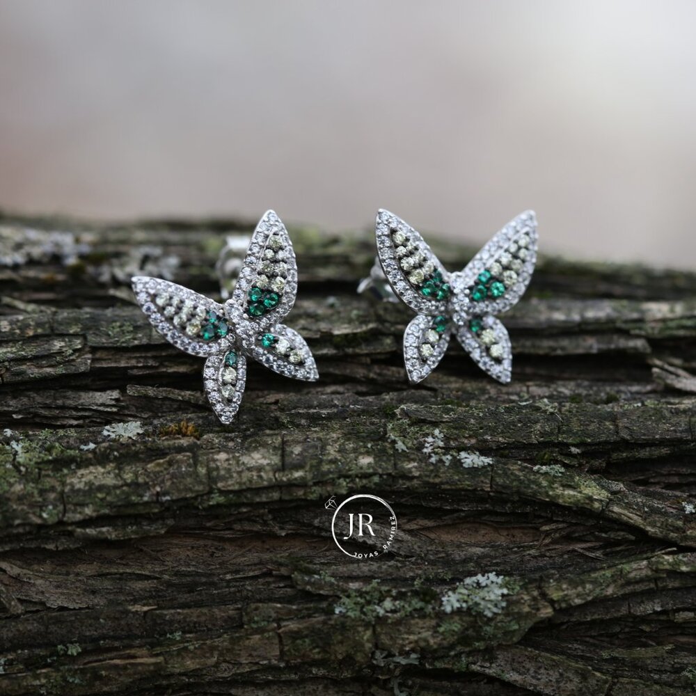 925 Sterling Silver Butterfly Earrings • Emerald & Clear CZ • Luxe Wing Design.